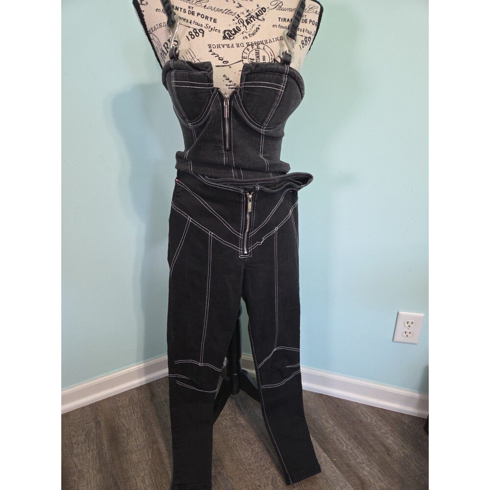 maniere de voir set bodysuit corset top pants black denim 10 moto grunge
